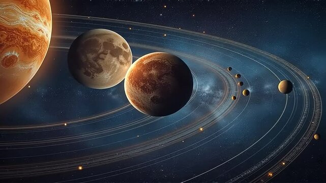Spectacular visual of outer space planets with rings, moons and galaxy stars