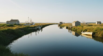 Fototapeta premium Calm waterway with small houses and fishing boats