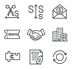 Corporate Action Icons. Outline icon set of corporate actions: stock split scissors, reverse split arrow,