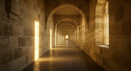 Fototapeta premium Ancient stone corridor bathed in golden sunlight