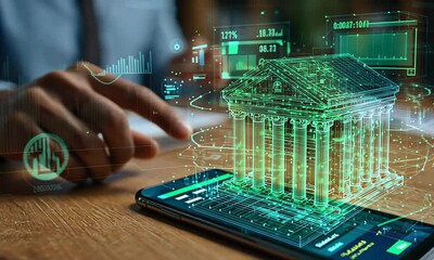 Holographic bank building displayed on a smartphone screen overlaid with financial data - Powered by Adobe