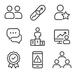 Social Trading Icons. Outline icon set of social trading: follower count icon, copy trade link, trader
