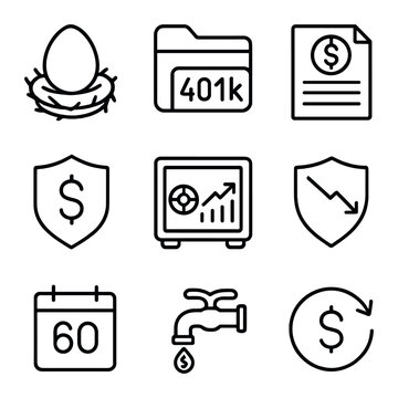 Retirement Investment Icons. Outline icon set of retirement investing: retirement nest egg, 401k folder,