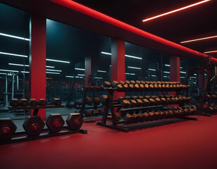 Wide angle photography of an empty modern gym interior full of weights, bars and racks. Strong artificial red lighting, fitness concept