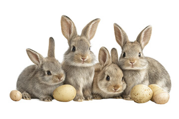 PNG Adorable group of four fluffy brown bunnies with easter eggs