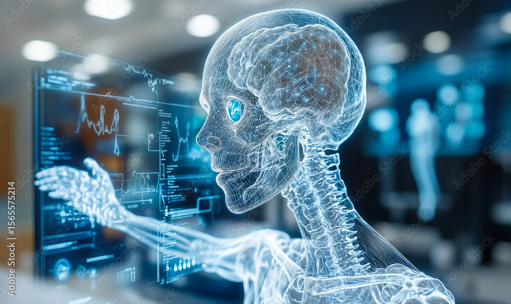 Poster 3d transparent digital human skeleton and brain interacting with futuristic medical touchscreen inte