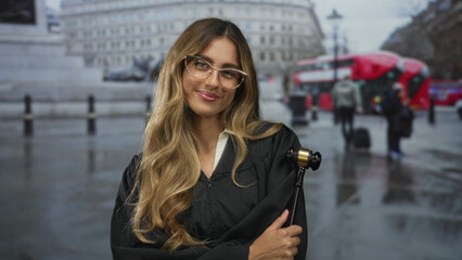 Woman judge in robe holds gavel and smiles amid red bus and travelers in city square; justice...