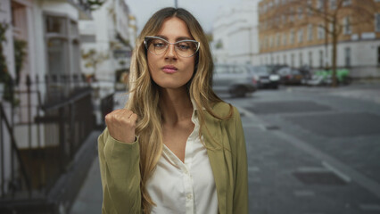 Business woman in olive blazer lifts chin on urban street; ambition confidence aspiration determination.
