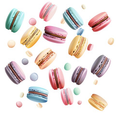 Various colorful of macarons floating air on white.png