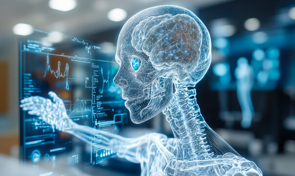 3D transparent digital human skeleton and brain interacting with futuristic medical touchscreen interface displaying health data and brain activity analytics in blurred background