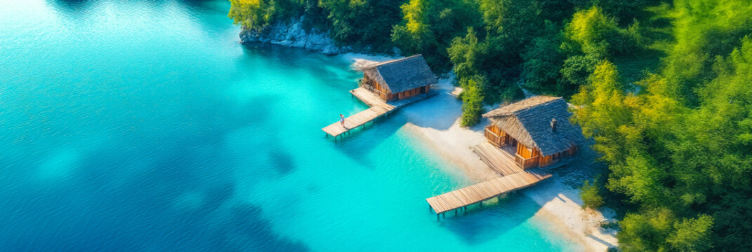 Aerial view of turquoise lake water with wooden cabins on sandy shore surrounded by dense green forest and wooden piers extending into calm blue lake