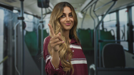 Focused young blonde woman pointing finger inside bus; confidence assertiveness guidance motivation.