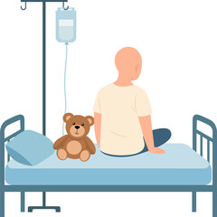 Child hairless after chemotherapy sitting on the bed in hospital.Oncology, care, childhood, clinic, health concept.Vector Illustration