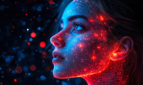 Profile of young woman with digital neural network overlay glowing in blue and red lights futuristic artificial intelligence concept
