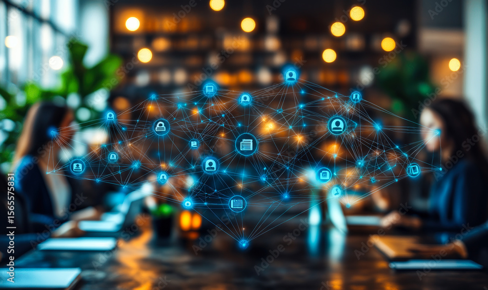 Poster digital network connection overlay with user icons on blurred coworking people teamwork in modern of