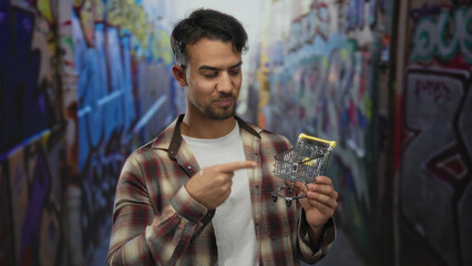 Young hispanic man in plaid shirt holding mini shopping cart giving thumbs up on graffiti alleyway...
