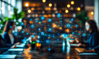 Digital network connection overlay with user icons on blurred coworking people teamwork in modern office environment illustrating collaboration and communication technology