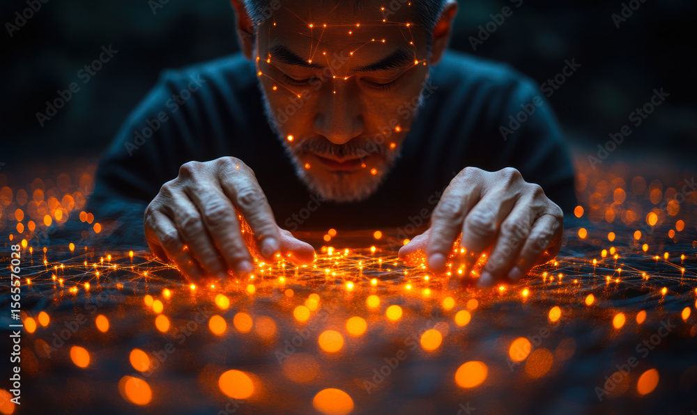 Poster middle aged man interacting with glowing orange digital network nodes with facial recognition dots i