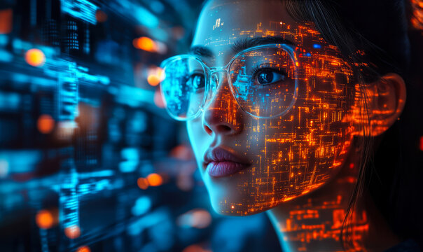 Portrait of young woman with glasses analyzing futuristic digital data visualization and abstract orange blue technology interface overlay on face and background in cybernetics concept - Powered by Adobe
