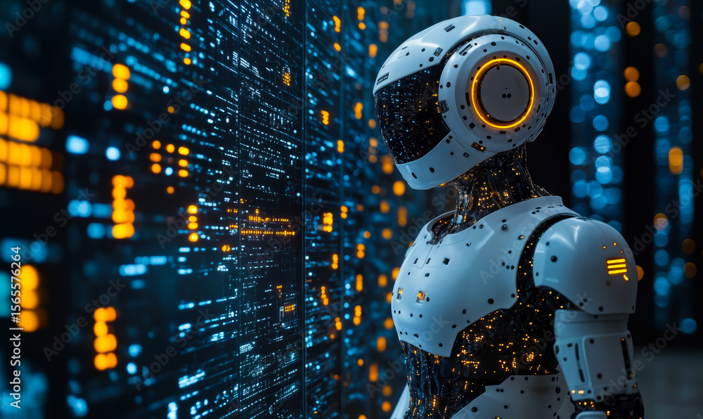 Poster futuristic white humanoid robot analyzing glowing digital data streams on transparent screen reflect