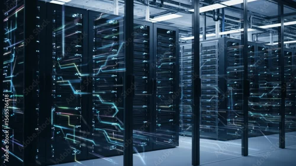 Aufkleber futuristic data center displays server racks for it, cloud computing, and cybersecurity infrastructu
