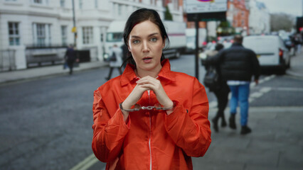 Woman in orange jumpsuit wearing handcuffs standing on city street outdoors, portraying prison...