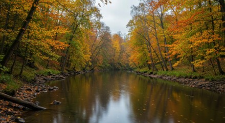 Fototapeta premium A tranquil river flows through a forest in autumn, with vibrant fall foliage reflected on the water's smooth surface