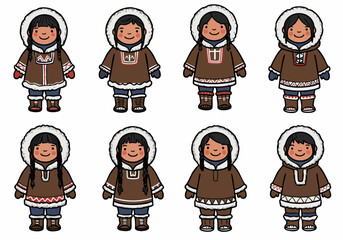 Cute cartoon illustration set of smiling Inuit children in traditional winter clothing and fur hoods on a white background.
