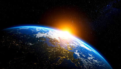 A planet on a black background of vast space, behind the planet from the top center rises a sun illuminating the edges of the planet like a coronary glow
