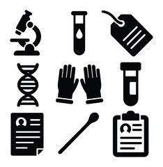 Forensic Tools Icons. Solid, filled icons set of forensics: microscope, blood test, evidence label, forensic