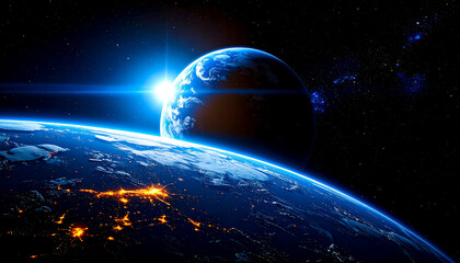 A planet on a black background of vast space, behind the planet from the top center rises a sun illuminating the edges of the planet like a coronary glow