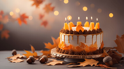 Autumn Birthday Cake with Candles and Fall Leaves Decoration on Wooden Table with Bokeh Lights Background for Celebration
