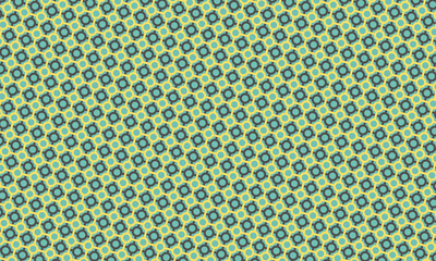 Retro design features a repeating pattern of circles and squares in hues of yellow, blue and green, creating a vibrant geometric backdrop.