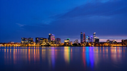Fototapeta premium Illuminated city skyline at dusk with water reflections buildings architecture