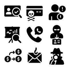 Fraud Investigation Icons. Solid, filled icons set of fraud investigation: fake ID, credit card scam,