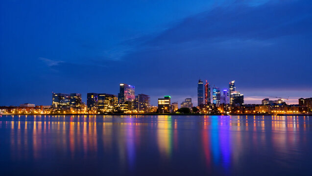 Illuminated city skyline at dusk with water reflections buildings architecture