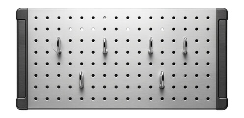 Wall-mounted pegboard with metal hooks for organizing tools in a garage.