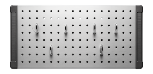 Wall-mounted pegboard with metal hooks for organizing tools in a garage.