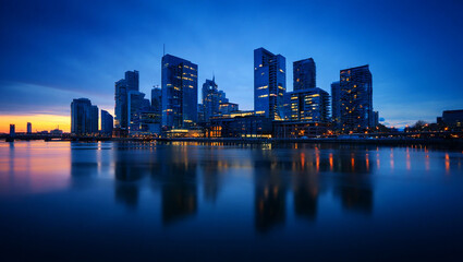 Fototapeta premium Illuminated city skyline at dusk reflecting in calm water buildings skyscrapers