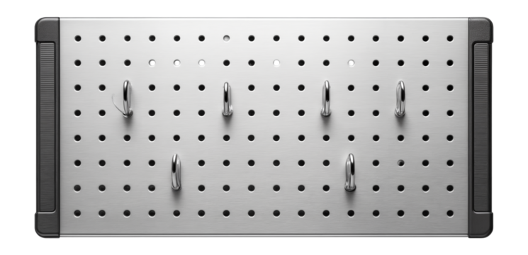 Wall-mounted pegboard with metal hooks for organizing tools in a garage.