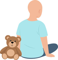 Child hairless  sitting on the floor with teddy bear.Oncology, care, childhood, clinic, health concept.Vector Illustration
