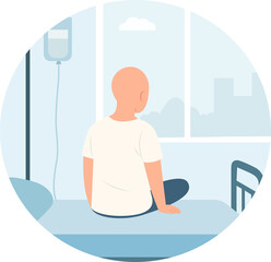 Person  hairless after chemotherapy sitting on the bed in hospital.Oncology, care, clinic, health concept.Vector Illustration