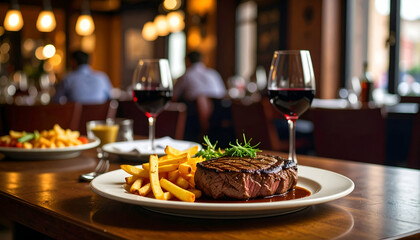 Steak Dinner with Restaurant, and Red Wine.