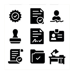 Notarized Document Icons. Solid, filled icons set of notarized documents: notary seal, legal paper, witness