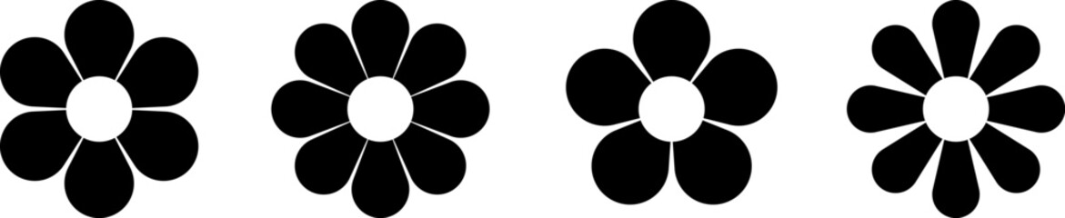 Set of stylized black flower icons with different numbers of petals and geometric patterns, botanical or decorative designs
