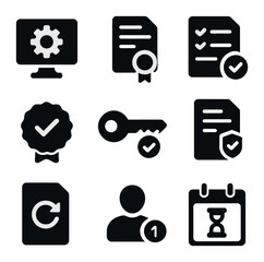 Software License Icons. Solid, filled icons set of software licenses: software icon, EULA paper, terms check,