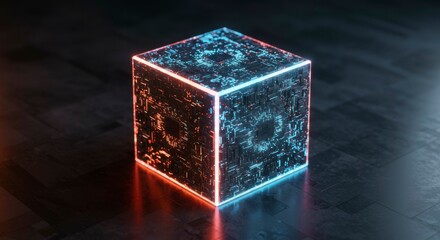 Obraz premium Glowing cube with intricate internal circuitry, reflecting on dark surface