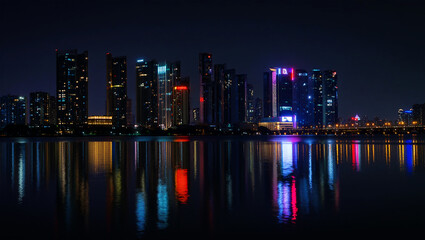 Obraz premium Illuminated city skyline reflects on dark water at night cityscape urban