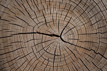Fototapeta premium Close Up View of the Tree Rings and Cracks on a Weathered Wood Surface