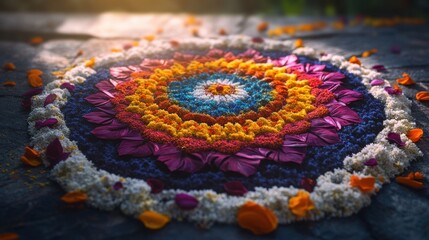 A Pookalam with unique color combinations creating a stunning visual during festive season
